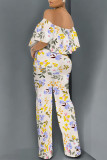 Gray Green Sexy Floral Print Pocket Flounce Off Shoulder Loose Jumpsuits