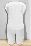 White Casual Letter Print Cartoon Four Leaf Clover O Neck Short Sleeve Two Pieces