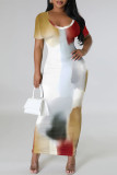 Black Gray Casual Geometric Print Gradient Contrast O Neck Printed Short Sleeve Dress