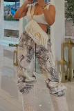 Light Blue Casual Print Draw String Loose Mid Waist Conventional Full Print Bottoms