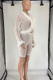 Pink Sexy Leopard Print Stripe See-Through Fluffy V Neck Long Sleeve Two Pieces