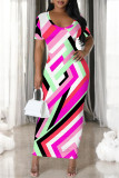 Black Gray Casual Geometric Print Gradient Contrast O Neck Printed Short Sleeve Dress