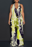 Green Casual Geometric Print Pocket Lace Up Backless Halter Loose Jumpsuits