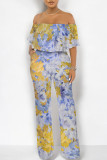 Gray Green Sexy Floral Print Pocket Flounce Off Shoulder Loose Jumpsuits