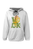 Green Yellow Casual Graffiti Print Letters Draw String Pocket Hooded Tops
