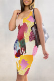 Multicolor Sexy Geometric Print Flowers Contrast U Neck Printed Dresses