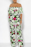 Gray Green Sexy Floral Print Pocket Flounce Off Shoulder Loose Jumpsuits