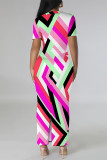 Black Gray Casual Geometric Print Gradient Contrast O Neck Printed Short Sleeve Dress