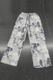 Light Blue Casual Print Draw String Loose Mid Waist Conventional Full Print Bottoms