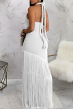 White Sexy Solid Color Fringed Trim Hollow Out Halter Long Dresses