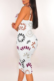 White Purple Sexy Floral Print Contrast V Neck Printed Dresses