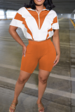 Khaki Casual Zipper Contrast Zipper Collar Short Sleeve Two Pieces