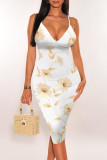 White Purple Sexy Floral Print Contrast V Neck Printed Dresses