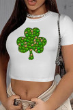 Green Yellow Casual Print Four Leaf Clover Shamrock Contrast O Neck T-Shirts