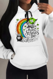 Green Yellow Casual Graffiti Print Letters Draw String Pocket Hooded Tops