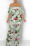 Gray Green Sexy Floral Print Pocket Flounce Off Shoulder Loose Jumpsuits