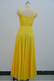 Yellow Elegant Solid Color Patchwork Asymmetrical Collar Long Dresses