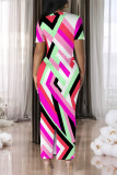 Black Gray Casual Geometric Print Gradient Contrast O Neck Printed Short Sleeve Dress