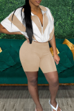 Khaki Casual Zipper Contrast Zipper Collar Short Sleeve Two Pieces