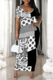 Black Gray Casual Geometric Print Gradient Contrast O Neck Printed Short Sleeve Dress