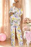 Gray Green Sexy Floral Print Pocket Flounce Off Shoulder Loose Jumpsuits