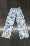 Light Blue Casual Print Draw String Loose Mid Waist Conventional Full Print Bottoms