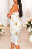 White Purple Sexy Floral Print Contrast V Neck Printed Dresses