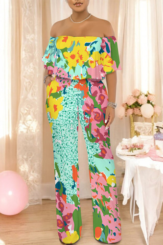 Turquoise Sexy Floral Print Pocket Flounce Off Shoulder Loose Jumpsuits