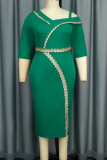 Green Elegant Solid Color Slit Wrapped Skirt Plus Size Dresses