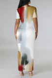 Black Gray Casual Geometric Print Gradient Contrast O Neck Printed Short Sleeve Dress
