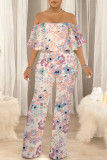 Gray Green Sexy Floral Print Pocket Flounce Off Shoulder Loose Jumpsuits