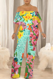 Gray Green Sexy Floral Print Pocket Flounce Off Shoulder Loose Jumpsuits