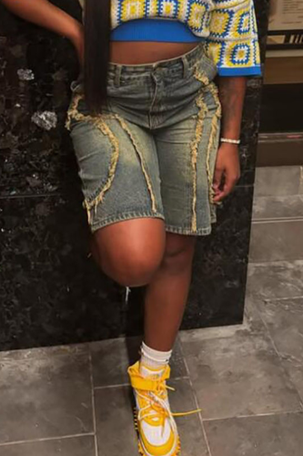 Blue Casual Patchwork Mid Waist Straight Denim Shorts