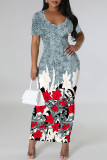 Black Gray Casual Geometric Print Gradient Contrast O Neck Printed Short Sleeve Dress