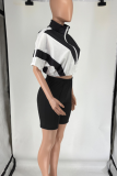Khaki Casual Zipper Contrast Zipper Collar Short Sleeve Two Pieces