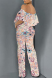 Gray Green Sexy Floral Print Pocket Flounce Off Shoulder Loose Jumpsuits