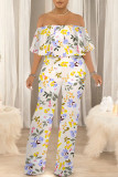 Gray Green Sexy Floral Print Pocket Flounce Off Shoulder Loose Jumpsuits