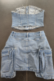 Sky Blue Sexy Solid Color Pocket Buckle Zipper Strapless Sleeveless Two Pieces