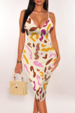 White Purple Sexy Floral Print Contrast V Neck Printed Dresses