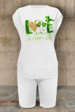 White Casual Letter Print Cartoon Four Leaf Clover O Neck Short Sleeve Two Pieces
