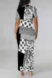 Black Gray Casual Geometric Print Gradient Contrast O Neck Printed Short Sleeve Dress