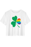 Green Yellow Casual Print Four Leaf Clover Shamrock Contrast O Neck T-Shirts