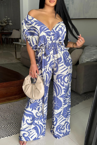 Blue Casual Print Strap Design V Neck Loose Jumpsuits