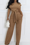 Camel Casual Solid Color Pocket Strap Design O Neck Short Sleeve Two Pieces