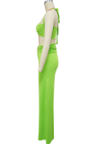Green Sexy Solid Color Metal Accessories Trim Backless Halter Sleeveless Two Pieces