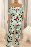 Gray Green Sexy Floral Print Pocket Flounce Off Shoulder Loose Jumpsuits
