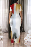 Black Gray Casual Geometric Print Gradient Contrast O Neck Printed Short Sleeve Dress