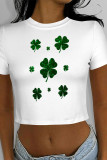 Green Yellow Casual Print Four Leaf Clover Shamrock Contrast O Neck T-Shirts