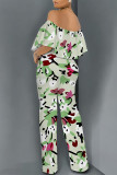 Gray Green Sexy Floral Print Pocket Flounce Off Shoulder Loose Jumpsuits