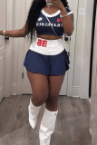 Deep Blue Sexy Sportswear Letters Solid Color V Neck Short Sleeve Two Pieces